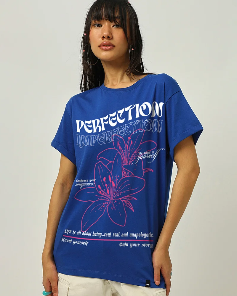 بيواكوف Women's Blue Perfection Imperfection Graphic Printed Boyfriend T-shirt